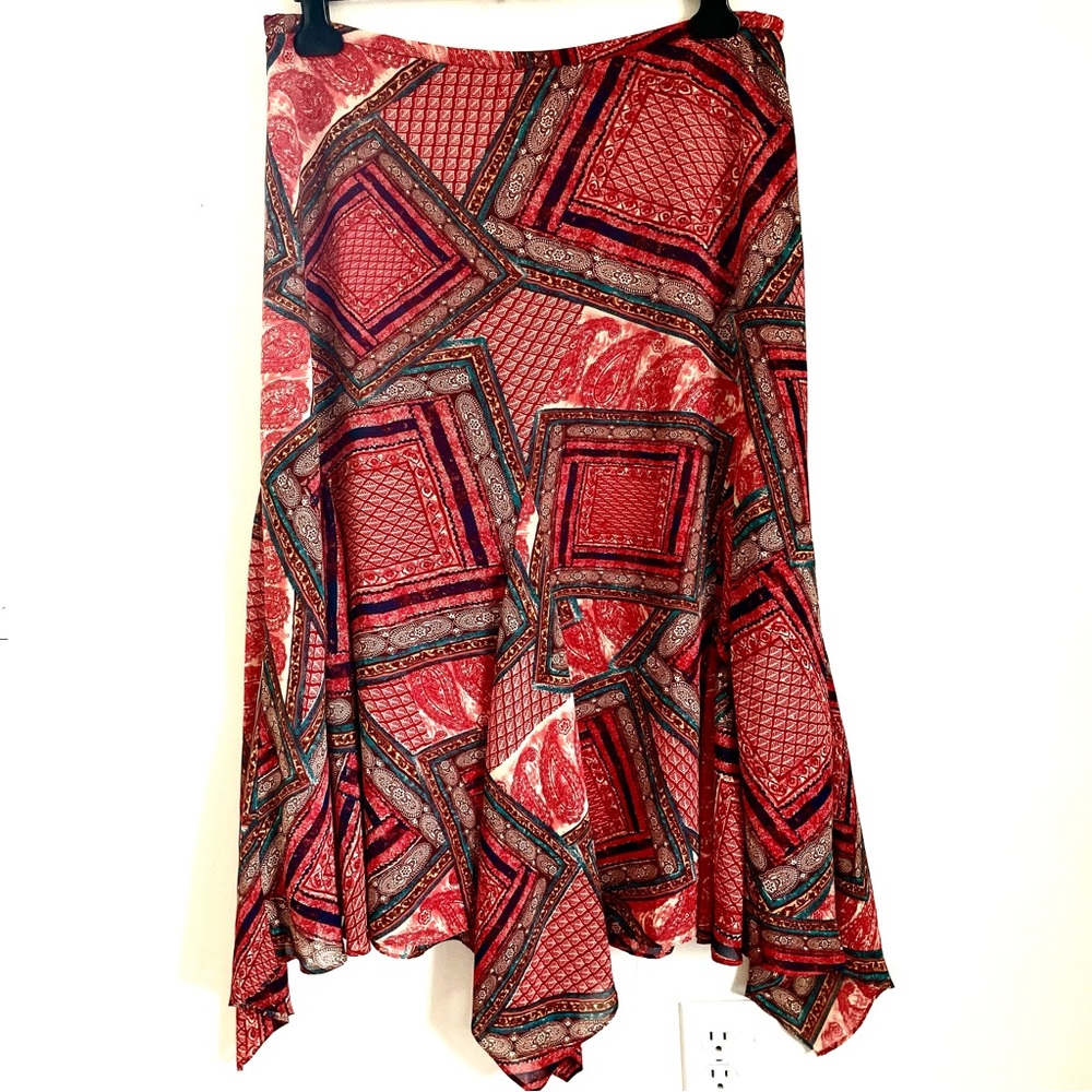 Coldwater Creek Patchwork Print Handkerchief Hem Midi Skirt Size XL EUC
